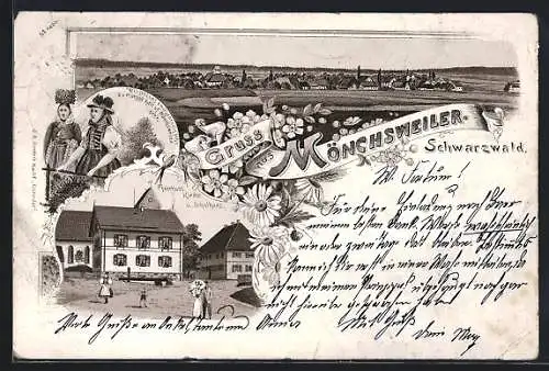 Lithographie Mönchsweiler /Schwarzwald, Pfarrhaus Kirche und Schulhaus, Mönchsweiler Tracht