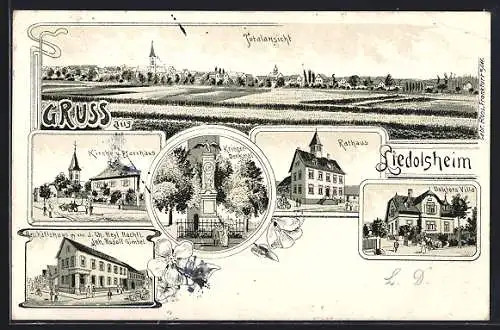 Lithographie Liedolsheim, Geschäft von J. Ch. Heyl, Inh. Rudolf Gimbel, Doktors Villa, Rathaus