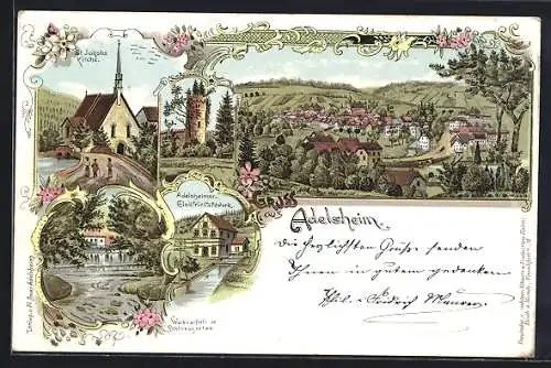 Lithographie Adelsheim, Elektrizitätswerk, Wasserfall im Schlossgarten, St. Jakobs Kirche