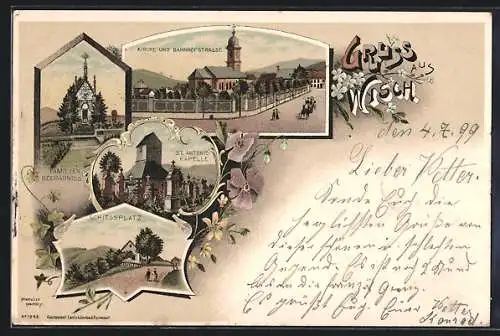 Lithographie Wisch / Vogesen, Schiessplatz, Familienbegräbnis, Kirche und Bahnhofstrasse, St. Antonis-Kapelle