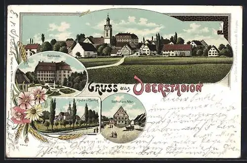 Lithographie Oberstadion, Gasthof zum Adler, Schloss, Kirche und Pfarrhof, Gesamtansicht