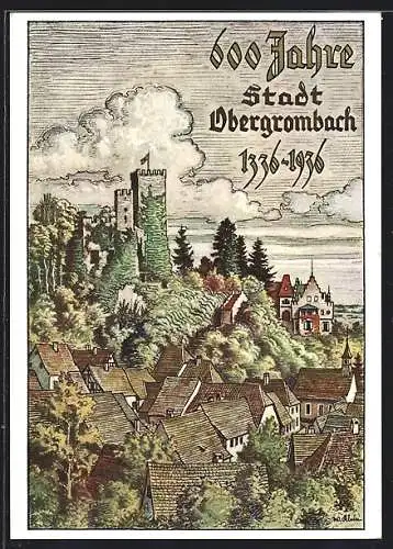 Künstler-AK Obergrombach, 600 Jahre Stadtrechtsfeier 1336-1936, Ortsansicht mit Burg