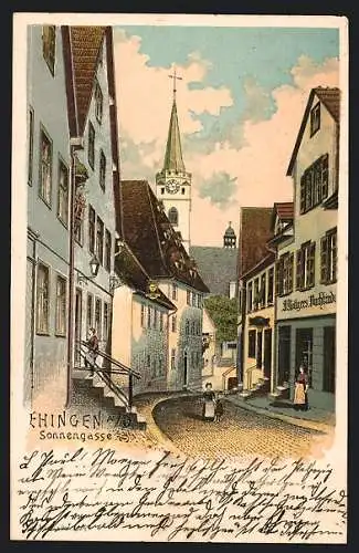 Lithographie Ehingen a. D., Strasse Sonnengasse mit Buchbinderei Böttger