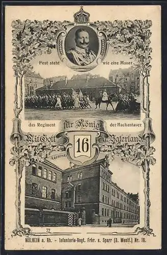 AK Mülheim / Ruhr, Jahrhundertfeier der Hackentauer 1913, Kaserne des Infanterie-Regt. Frhr. v. Sparr (3. Westf.) Nr. 16