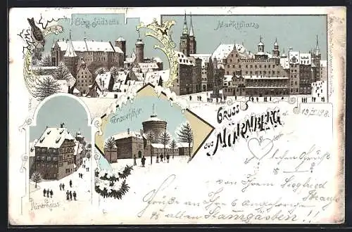 Winter-Lithographie Nürnberg, Burg Südseite, Dürerhaus, Marktplatz