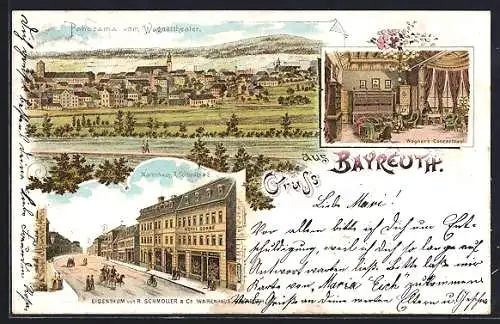 Lithographie Bayreuth, Hotel Sonne und Warenhaus R. Schmoller & Co., Inneres Wagner`s Concertsaal, Panorama