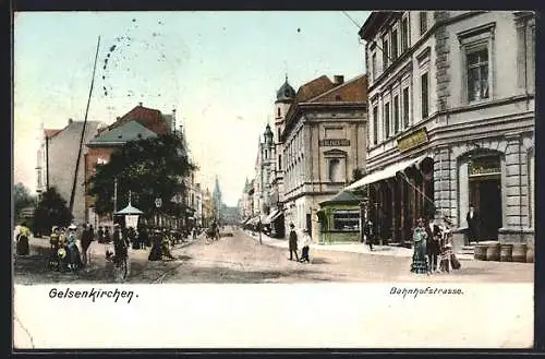 AK Gelsenkirchen, Bahnhofstrasse mit Geschäften