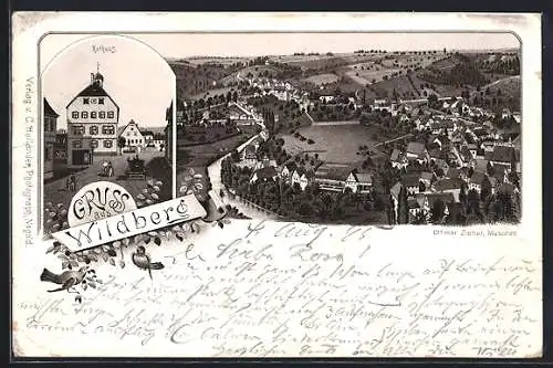 Vorläufer-Lithographie Wildberg / Schwarzwald, 1895, Teilansicht, Rathaus