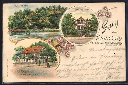 Lithographie Pinneberg, Bahnhofs-Hotel, Hütte im Fahlt