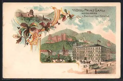 Lithographie Heidelberg / Neckar, Ansicht vom Hotel Prinz Carl