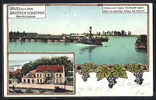 AK Maximiliansau, Dampfer auf dem Rhein, Bahnhof aus der Vogelschau
