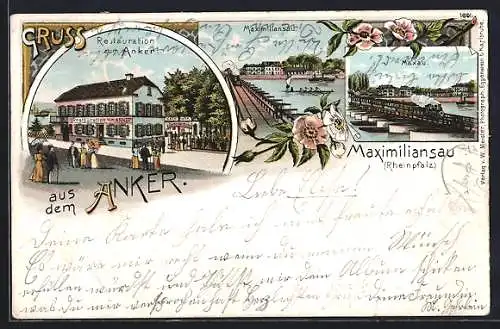 Lithographie Maximiliansau, Restaurant zum Anker, Eisenbahnbrücke nach Maxau