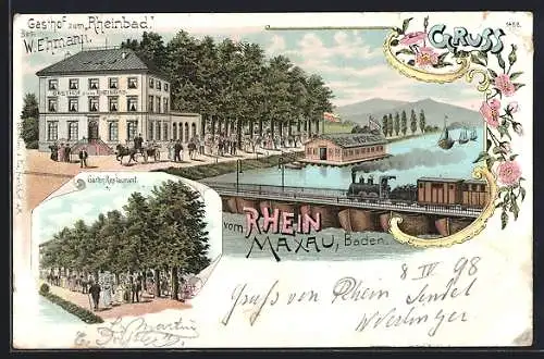 Lithographie Maxau / Baden, Gasthof zum Rheinbad mit Garten-Restaurant