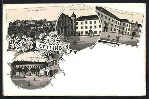 Lithographie Ettlingen, Schloss von Süden, Schlosshof gegen West, Schlossplatz mit Narrenbrunnen