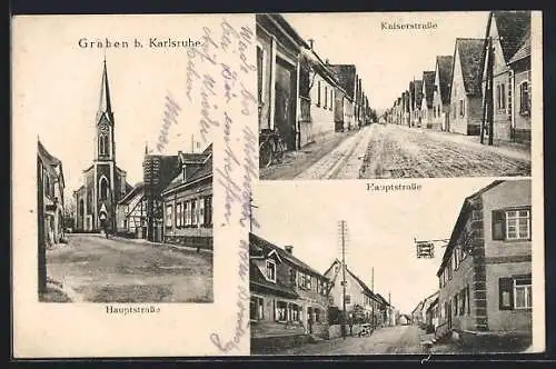 AK Graben b. Karlsruhe, Hauptstrasse mit Kirche, Kaiserstrasse