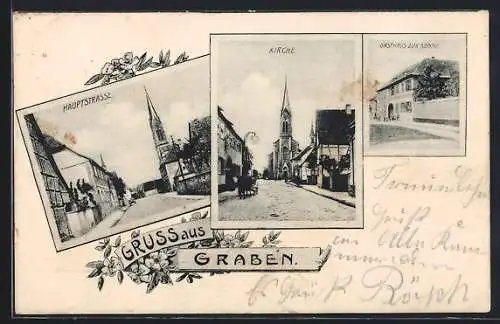 AK Graben / Baden, Gasthaus zur Sonne, Kirche, Hauptstrasse