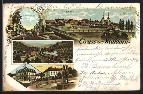 Lithographie Walldürn, Bahnhofstrasse, Post, Totalansicht mit Eisenbahn