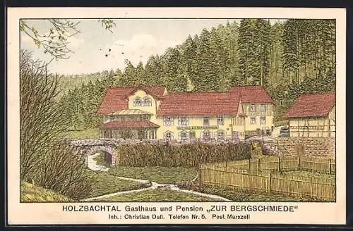 Künstler-AK Marxzell, Gasthaus und Pension Zur Bergschmiede im Holzbachtal