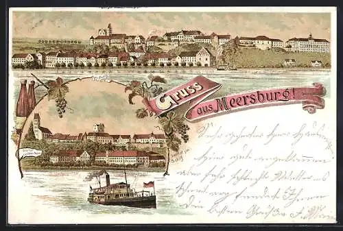 Lithographie Meersburg, Uferpartie mit Gasthof zum wilden Mann und Dampfer, Teilansicht