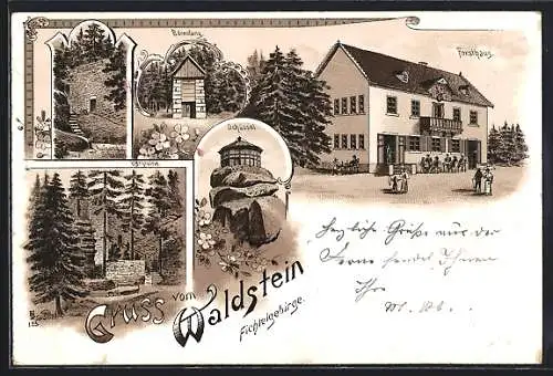 Lithographie Zell / Fichtelgebirge, Restaurant Forsthaus Waldstein, Bärenfang, Schüssel