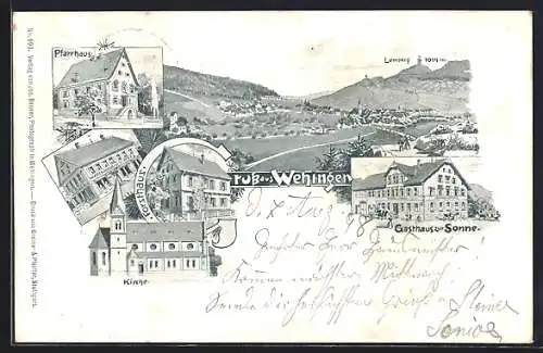 Lithographie Wehingen, Gasthaus zur Sonne, PFarrhaus, Forsthaus und Kirche