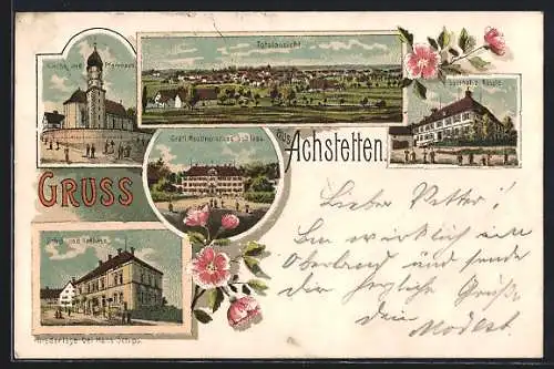 Lithographie Achstetten, Gasthof zum Rössle, Kirche und Pfarrhaus, Schul- und Rathaus