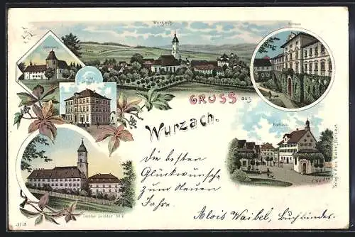 Lithographie Wurzach, Hotel zum Rössle, Schloss, Töchter-Institut