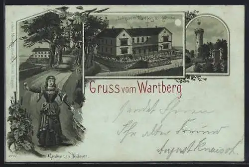 Mondschein-Lithographie Wartberg bei Heilbronn, Gasthaus, Turm, Käthchen von Heilbronn