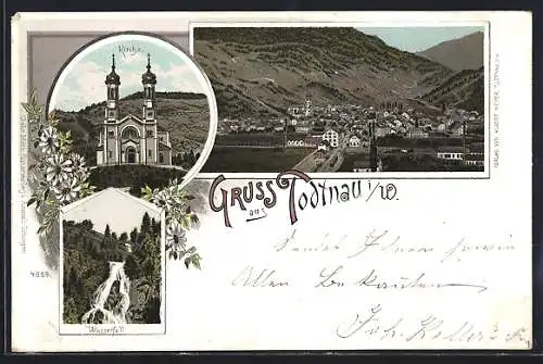 Lithographie Todtnau, Kirche, Wasserfall, Ortsansicht mit Bahnhof