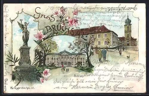 Lithographie Bruchsal, Gymnasium, Kriegerdenkmal, Schloss