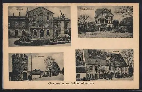 AK Monsheim, Bahnhof, Schlossturm, Villa Dr. Flieder