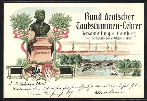 Lithographie Hamburg, Bund deutscher Taubstummen-Lehrer, Versammlung 1900, Denkmal Samuel Heinicke