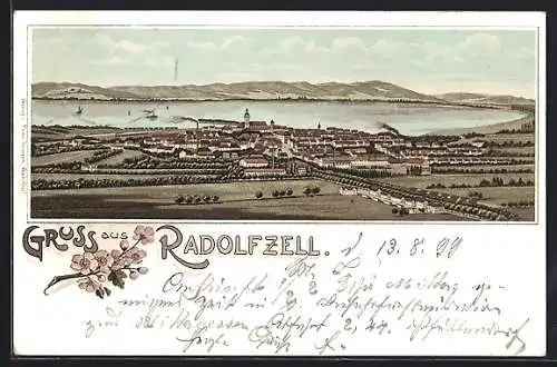 Lithographie Radolfzell, Totalansicht aus der Vogelschau