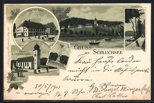 Lithographie Schluchsee, Hotel zum Schiff, Kirche und Kriegerdenkmal, Seestrasse