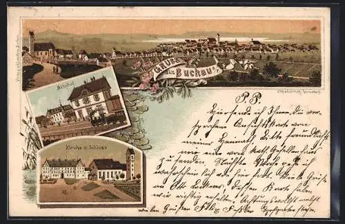 Lithographie Buchau a. F., Bahnhof, Kirche und Schloss, Gesamtansicht