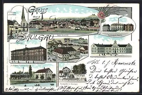 Lithographie Saulgau, Hotel zur Post, Siessener Säge, Schule, Fabrik Bachmann