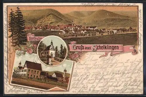 Lithographie Schelklingen, Kapelle auf dem Herz-Jesu-Berg, St. Conradi-Haus, Gesamtansicht