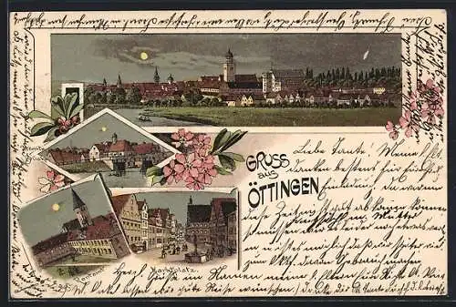 Lithographie Öttingen, Mörnitz-Brücke, Rentamt, Marktplatz, Gesamtansicht