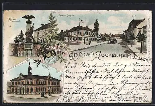 Lithographie Hockenheim, Bahnhofstrasse, Rathaus, Kriegerdenkmal