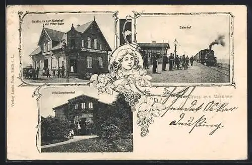 AK Maschen, Gasthaus zum Bahnhof v. Peter Buhr, Bahnhof, Villa Dorotheenhof