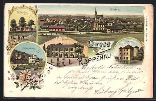 Lithographie Rappenau, Kindersolbad Siloa, Schweizerhaus, Badhotel, Schloss, Gesamtansicht