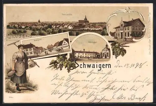 Lithographie Schwaigern, Schlosshof, Marktplatz, Bäuerin auf dem Feld