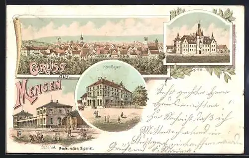 Lithographie Mengen / Württ., Hotel Beyer, Bahnhof und Restaurant Sigerist, Spital
