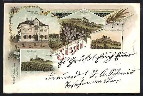 Lithographie Süssen, Gasthaus zum Pelikan, Ruine Scharffenschlösschen, Ramsberg, Staufeneck