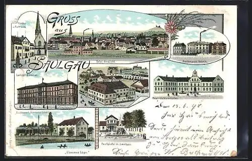 Lithographie Saulgau, Hotel zur Post, Siessener Säge, Schule, Fabrik Bachmann