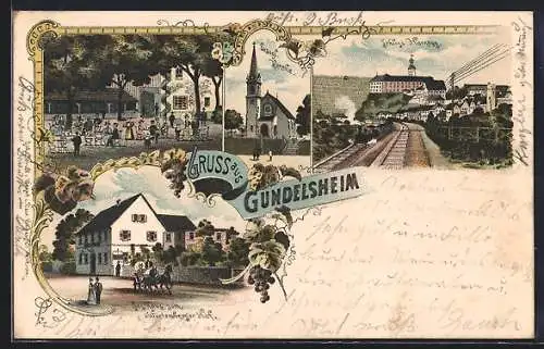 Lithographie Gundelsheim, Gasthaus zum Württemberger Hof, Evangel. Kirche, Schloss Hornegg