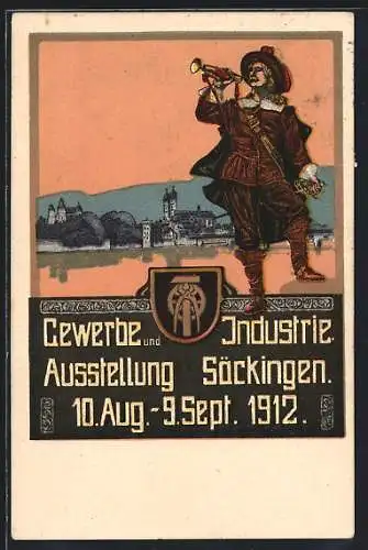Künstler-AK Säckingen, Gewerbe- und Industrie-Ausstellung 1912, Ein Trompeter vor der Ortschaft