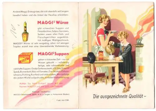 Werbebillet Maggi-Würze und Maggi-Suppen, Mutter mit Kind in der Küche