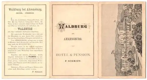 Werbebillet Waldburg bei Ahrensburg, Hotel & Pension F. Schmidt, Hotel nach lith. Ch. Fuchs, Landkarte, 1879