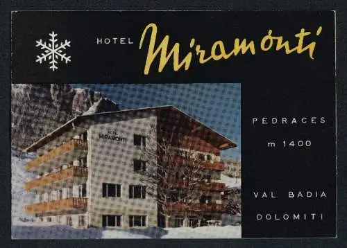 Vertreterkarte Pedraces, Hotel Miramonti, Innenansicht, Anfahrtskizze